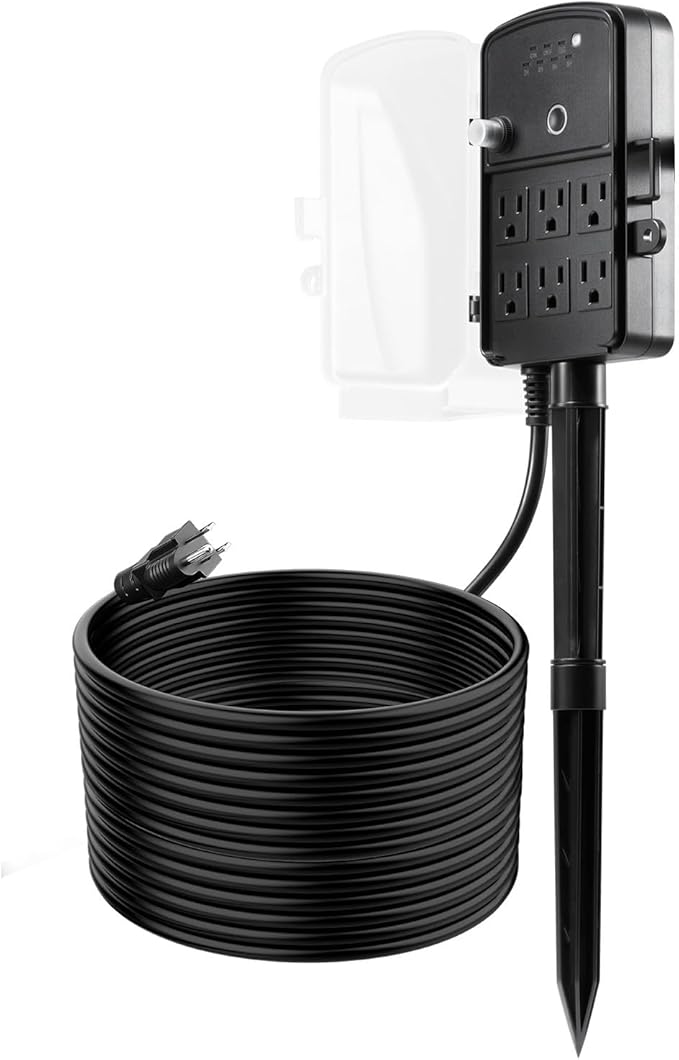 VEVOR Outdoor Power Stake Timer, 50FT Extension Cord, Remote Control Outdoor Power Strip with Cover, Dusk to Dawn Light Timer Waterproof, 6 Outlets for Halloween Christmas Lights, Garden Decorations