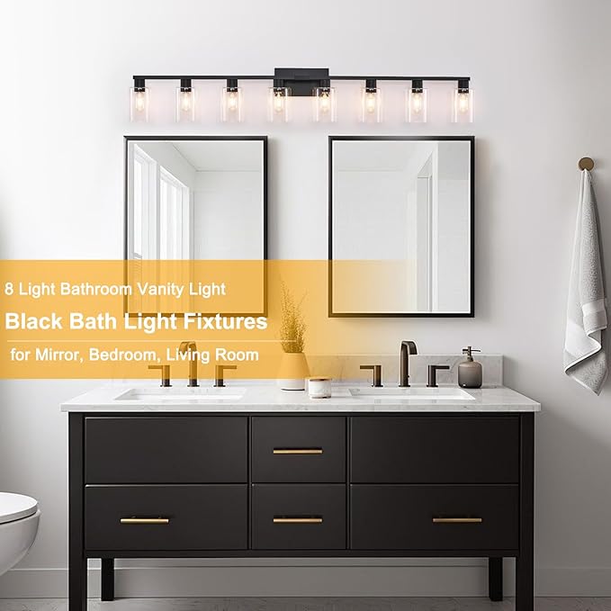 8-Light Black Vanity Light Fixtures,Vanity Lights Clear Glass ShadeRust and Moisture Resistant Easy to Install Vanity Lights for Bathroom Light Over Mirror