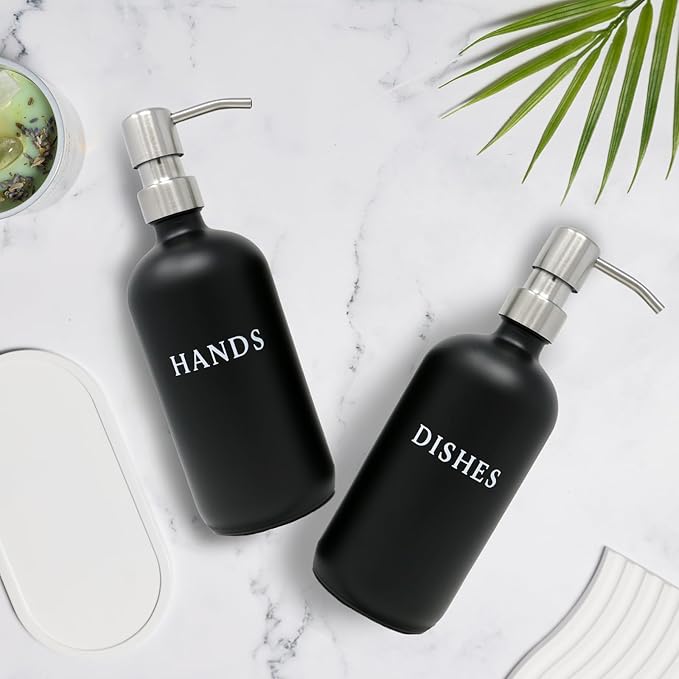 Black Glass Hand and Dish Soap Dispenser Set with Bamboo Tray – 16 oz Kitchen Soap Dispenser Set, Stainless Steel Pumps, Silicone Funnel – Modern Farmhouse Kitchen Sink Decor and Accessories