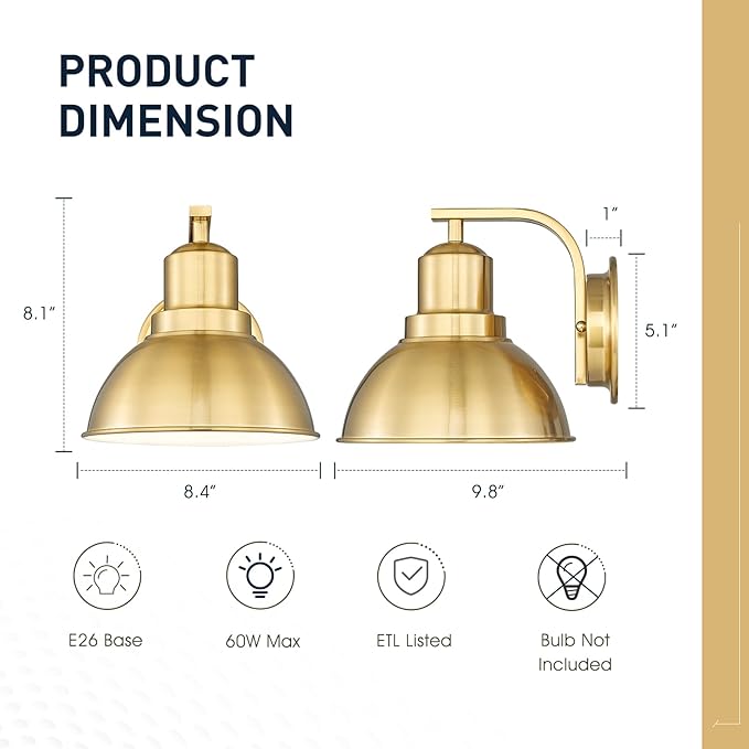 zeyu Vintage Metal Wall Light, Indoor Wall Sconce Lighting for Bedroom Kitchen, Metal Dome Shade in Brushed Gold Finish, ZY24-1W-2PK BG