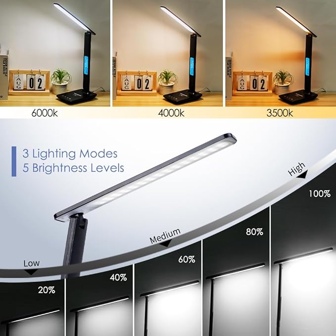 Multifunctional LED Desk Lamp with Wireless Charger,USB Charging Port,Clock,Phone Holder,Desk Lamps for Home Office,Eye-Caring Reading Lamp,Study Lamp for Boys,Girls,Teens,Black