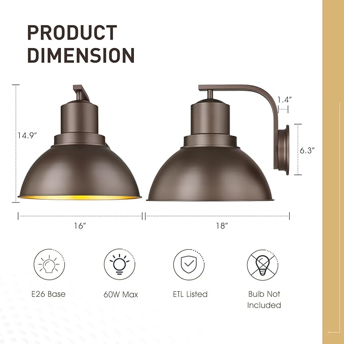 zeyu Large Barn Sconce Wall Lighting, 16'' Bronze Wall Sconce Lamp, Metal Dome Shade in Oil Rubbed Bronze Finish, ZY24-1W-L ORB