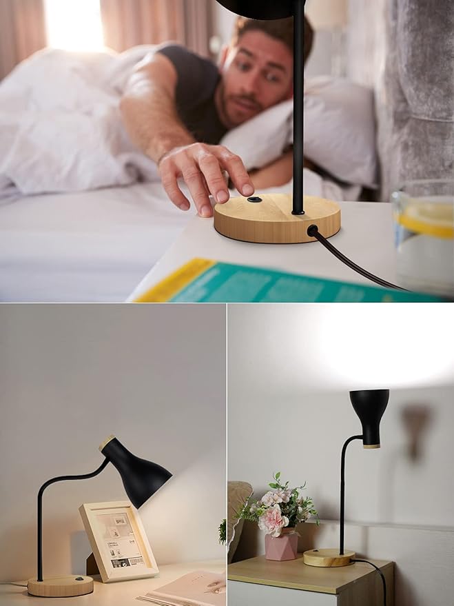 Metal Desk Lamp Table Lamp Reading Lights Arc Desk Lamps for Bedroom, Wood Base Bedside Lamp with Flexible Gooseneck for Study Room and Office (Wood Base+Black)