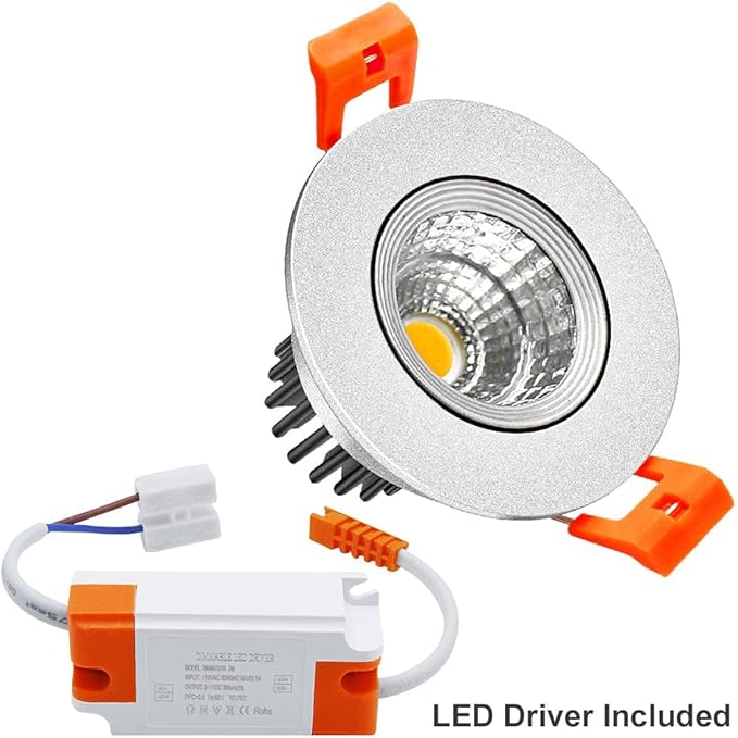LightingWill 2inch LED Dimmable Downlight, 3W COB Recessed Ceiling Light, Ultra Warm White 2700K, CRI80, 25W Halogen Bulbs Equivalent, Silver(10Pack)
