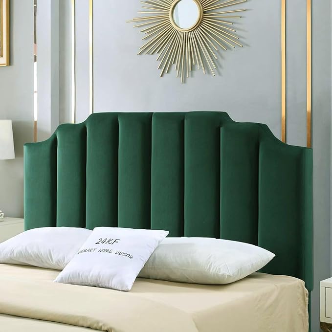 24KF Jade Velvet Tufted Queen Upholstered Headboard, Modern Vertical Channel Design California Queen/Full Headboard with Stepped Silhouette Top Edge,Jade