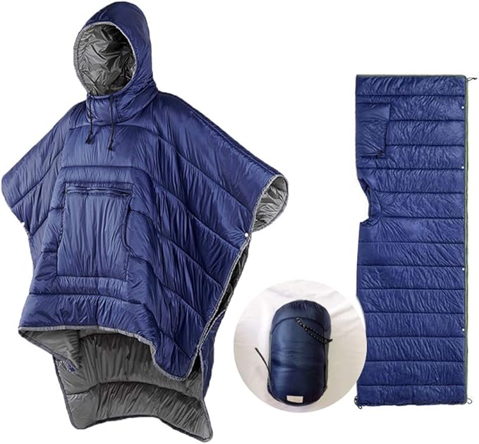 Camp Poncho Sleeping Bag Wearable Hooded Blanket - Envelope Lightweight Thermal Cloak Cape Windproof with Premium Stuff Compression Sack for Backpacking Hiking Hunting Fishing Outdoor Sport