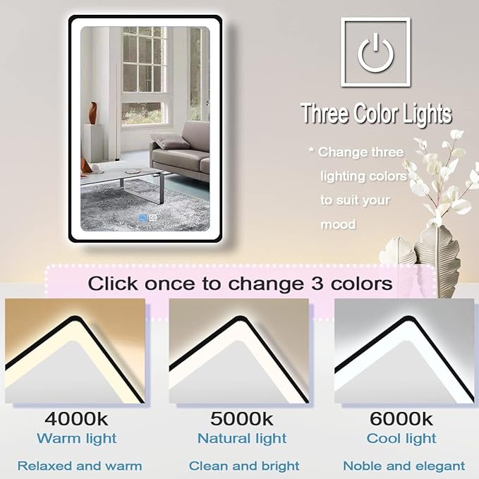 20 x 30 Inch Black Bathroom LED Mirror with Black Frame Lighted Vanity Mirror with Lights for Bathroom Wall 30in LED Mirror 3 Color Dimmable Anti Fog 30" Framed Bathroom Smart Light up Mirror