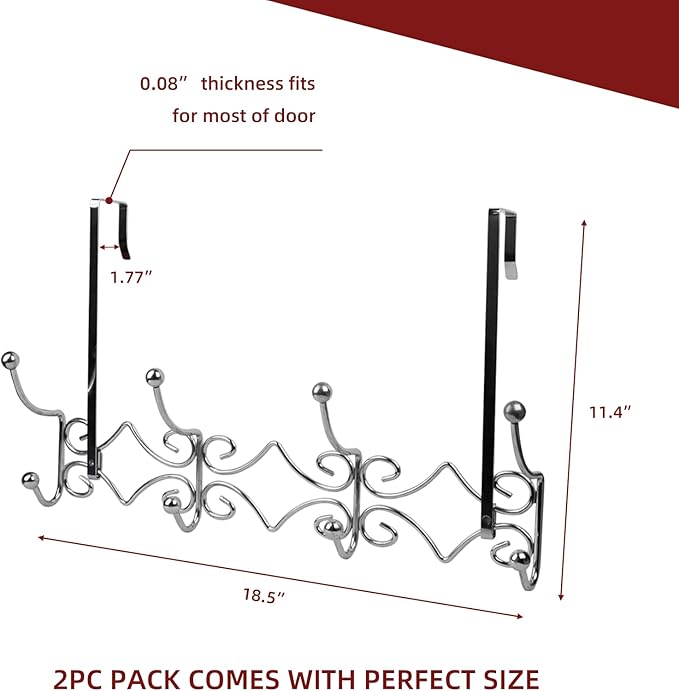 Lekarf Over The Door Coat Hook, 2PC Pack 4 Dual Hooks Rack, Chromed Steel Wire Hanger Hook for Living Room, Bedroom, Bathroom, Wardrobe, Fitting Room, Office