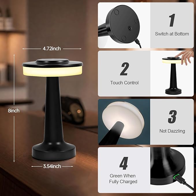 Cordless Table Lamp, Portable LED Desk Lamp, Table Sensor Control Beside Lamps, Kids Night Light with Stepless Dimming & Charging Completed Tip Light & 3 Colors Changing