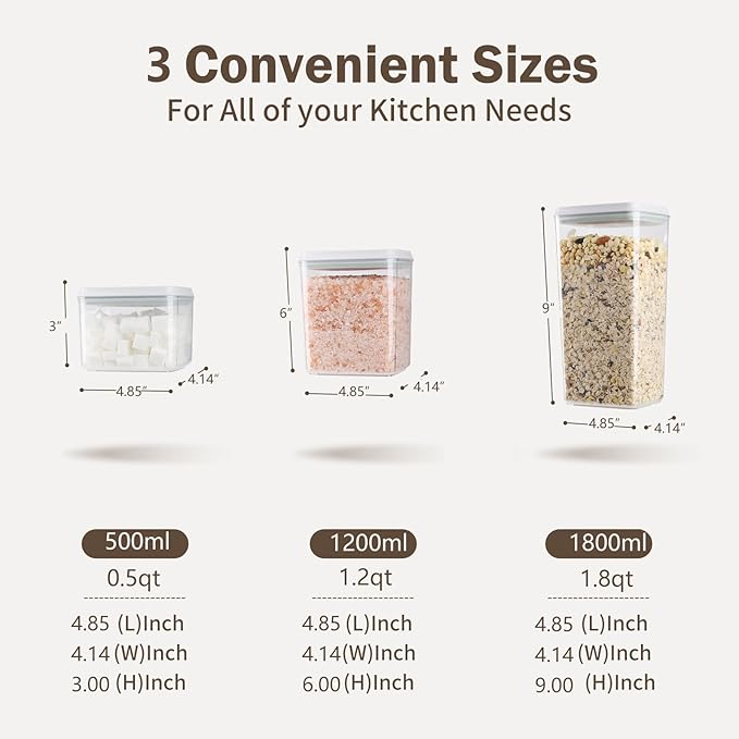 Pop Airtight Food Storage Containers Set with Lids, 6 Pcs Stackable One Button Opening Food Containers Kitchen Pantry Organization and Storage, BPA Free Stackable Cereal Container (0.5, 1.2, 1.8qt)*2