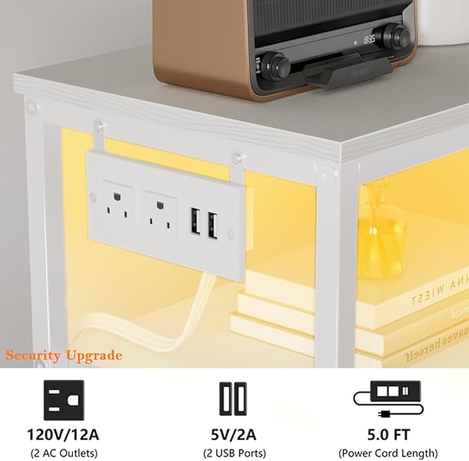 Furnulem Dresser for Bedroom, Tall Nightstand, Vertical Chest with Wood Top, Charging Station, LED Lights, 5 Fabric Bins, Bedside Table with Shelf, Furniture for Entryway (5 Drawer, White)