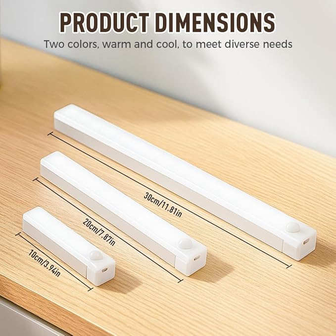 Punch-Free Smart Sensor Magnetic Rechargeable LED Lights, 2026 Upgraded Lntelligent Motion Sensor Light Strip, 3 Colors-Dimmable, Under Cabinet Lighting Wireless (4, White Light, 10cm/3.9in)