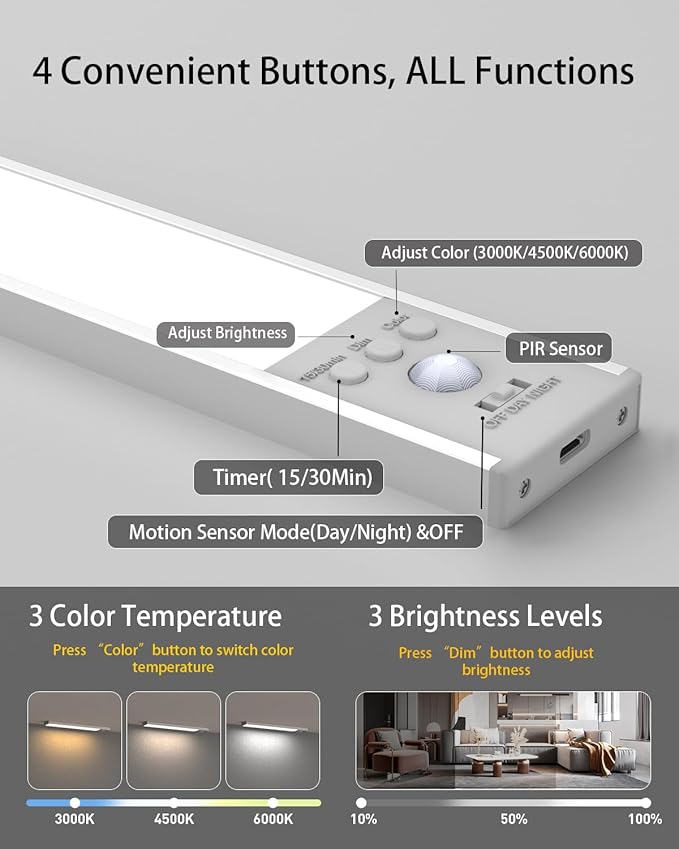 Diomart Wireless Under Cabinet Lighting with Motion Sensor, Dimmable LED Closet Lights, 1500mAh Rechargeable Battery, Magnetic Mount for Kitchen, Stairs, Closet - 3Pack