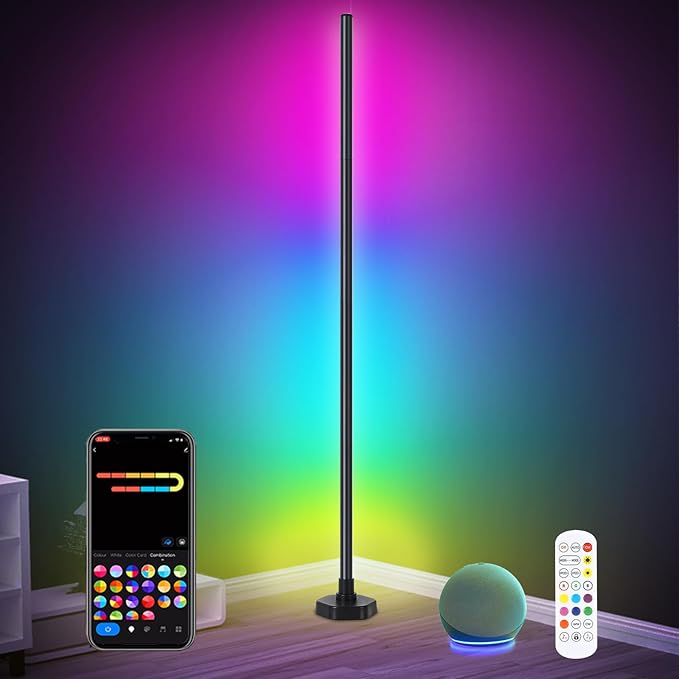 Corner Floor Lamp, RGB LED Corner Lamp with Music Sync, Smart App and Remote Control Color Changing Ambience Light, 16 Million DIY Colors Timer Setting for Bedroom, Living Room