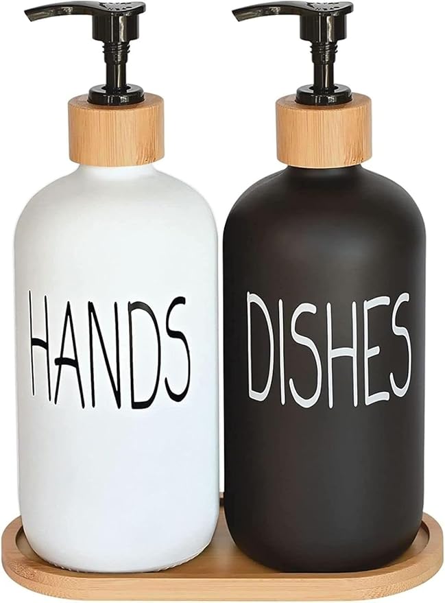 Glass Soap Dispenser Set, Hand Soap and Dish Soap Dispenser with Bamboo Tray. Vintage Soap Dispenser with Pump for Kitchen Drain Outlet and Bathroom. Stylish Permanent Labels (Matte Black&White)