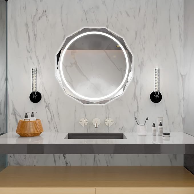 Round LED Bathroom Mirror, Beveled Edge Frameless Wall Mount Bathroom Vanity Mirror with 3-Color and Anti-Fog, 24 Inch, Silver