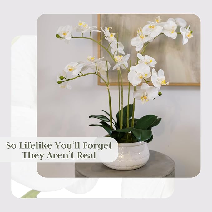 CG Hunter Faux White Orchid Plant, Premium Artificial Indoor Flower Display Stands 23”, Beautiful Sculptural Blooms That Lasts Forever, White Planter Pot Included