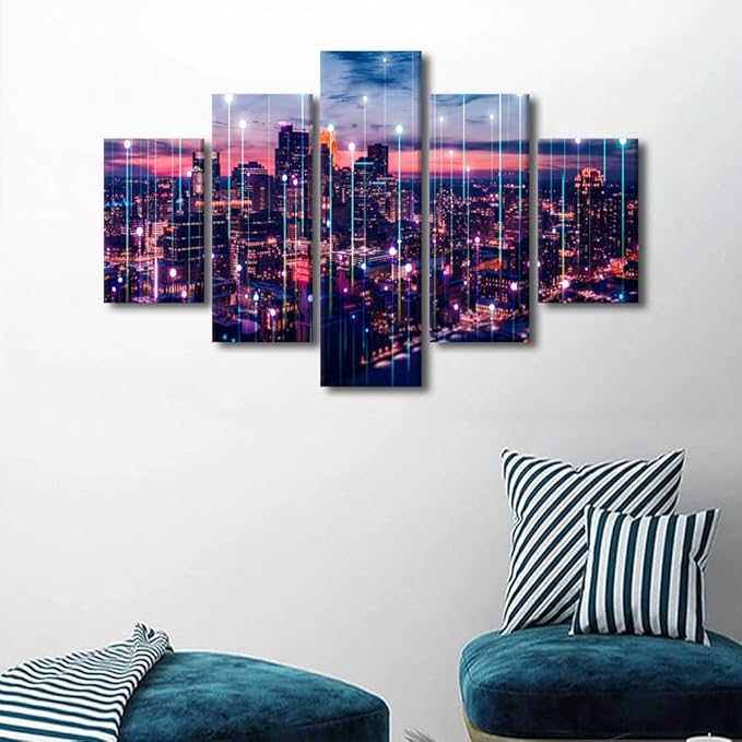 Modern Technology City Canvas Art Metaverse Concept Poster 5 Panel Urban Skyline Poster Big Data Worker Office Living Room Decor Men Home Decor Artwork Frame and Stretched Ready to Hang 60x40 Inch