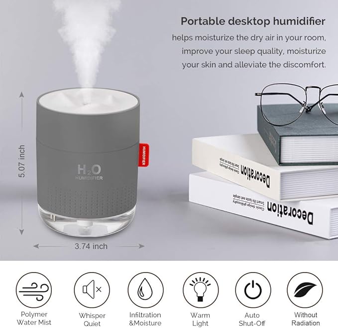 Portable Mini Cool Mist Humidifier, 500ml USB Personal Desktop Humidifier for Baby Bedroom Travel Office Home, Auto Shut-Off, 2 Mist Modes, Super Quiet, Gray