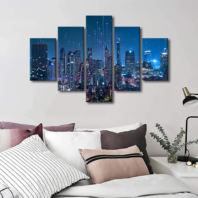 Modern City Poster Canvas Art 5 Panel Home Wall Decor Abstract Point Poster Communication Network Picture Connection Concept Picture Internet Workers Office Decor Frame Ready to Hang 60x40 Inch