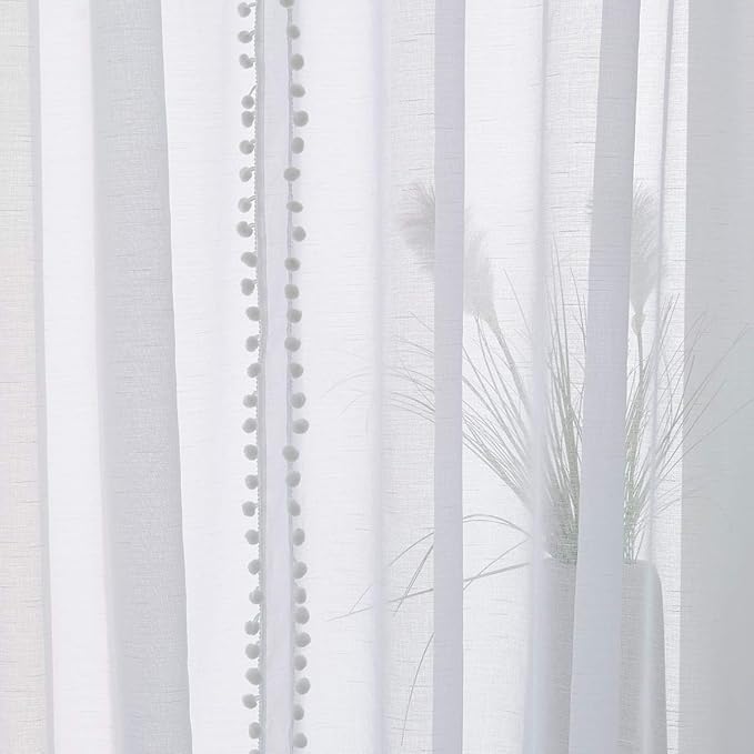 Treatmentex Pompom Sheer White Curtains for Living Room 84" Long Linen Textured Window Curtain Draperies for Bedroom 52" W, 1 Pair