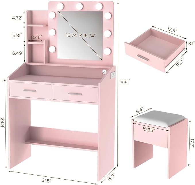 Vanity Desk with Lights and Mirror - Makeup Vanity Set with Power Outlet & USB Ports, 3 Lighting Modes, Adjustable Brightness, Includes 2 Drawers and Cushioned Stool, Small Dressing Table for Bedroom