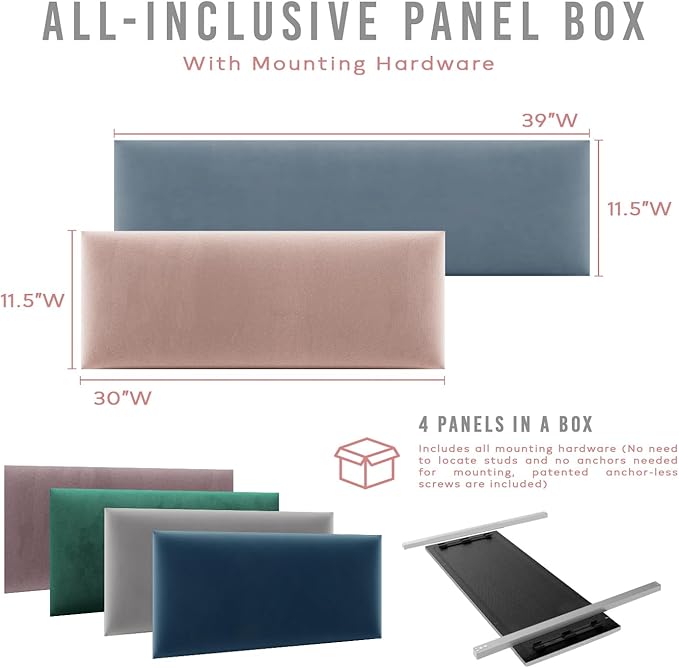 Vänt Upholstered Wall Panels - King/Cal King Size Wall Mounted Velvet Headboards - Velvet Olive Moss - Twin/King - Set of 4 Panels (Each Individual Panel 39"x11.5")