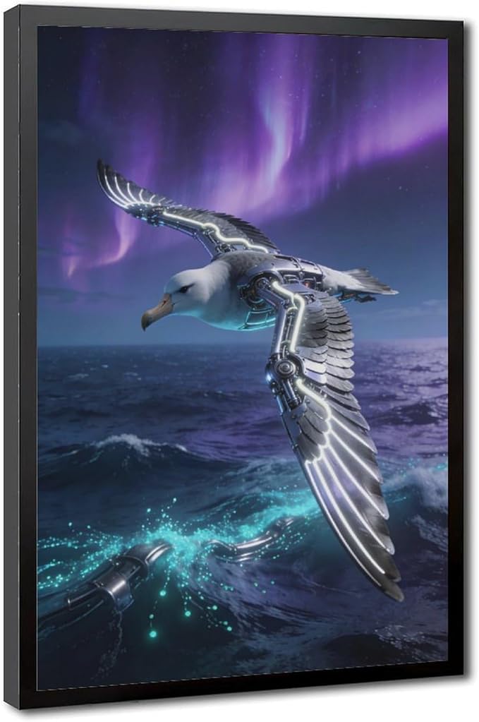 Framed Steampunk Mechanical Seagull Wall Art - Aurora Ocean Retro Poster for Bedroom Game Room Decor 20x30in