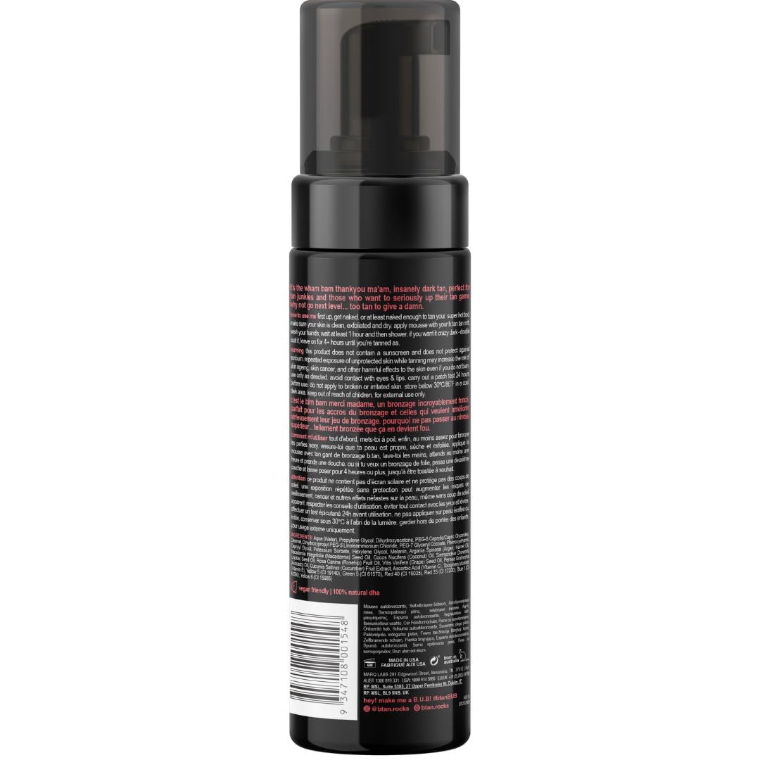 b.tan Ultra Dark Self Tanner Mousse | Too Tan - Best, 1 Hour Express Sunless Tanning Foam, Gold Bronzing Glow, No Fake Tan Smell, Face & Body, Vegan, Cruelty & Paraben Free, 6.7 Fl Oz