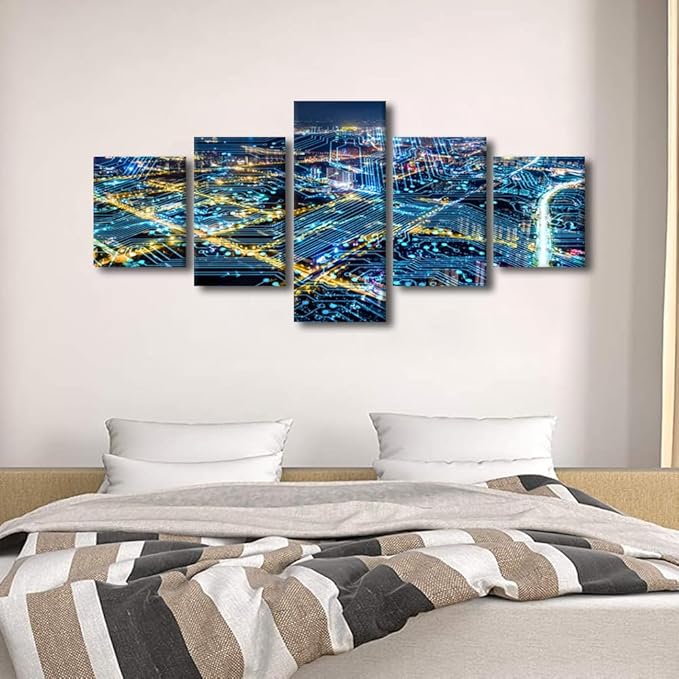 Internet Covered City Posters Modern Home Decoration 5 Panel Smart City Poster Classroom Wall Decor Teacher Office Bedroom Canvas Decorate Abstract Point Picture Printing Frame Ready to Hang 50x24 Inch
