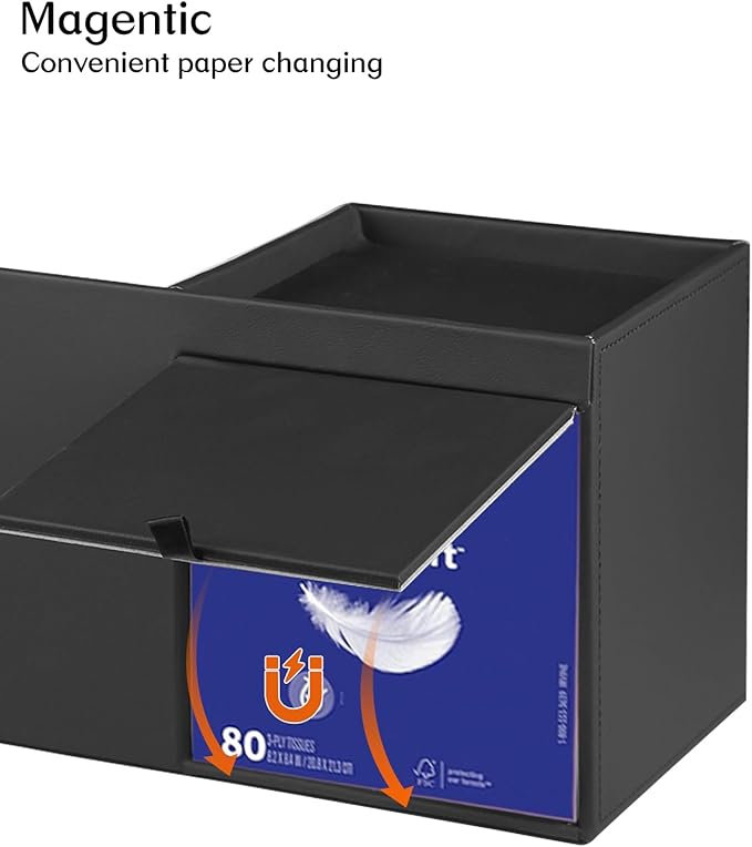 PU Leather Square Tissue Box Cover with Tray and Organizer,Multi-Function Remote Control Tissue Holder for Vanity, Nightstand,Bathroom,Home and Office
