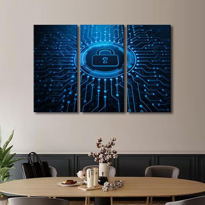 Lock Canvas Prints Wall Art AI Intelligence Picture Security Lock Symbol Paintings Canvas Print 3 Pieces Framed Wall Art Giclee Artwork Stretched Ready to Hang Posters, 60" Wx40 H