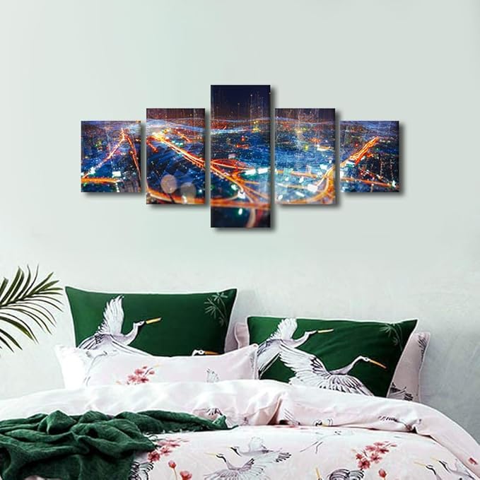 Canvas Wall Art for Office Decor 5 Panel City Lamplight Poster Native Americans Home Decor Artwork Sense of Technology Picture Printing Internet Workers Living Room Office Decor Frame 50x24 Inch