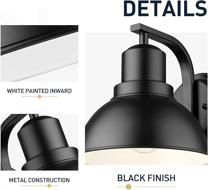 zeyu 8.4'' Barn Sconce Wall Lighting, 2 Pack Industrial Wall Lights for Bedroom Dining Room, Metal Dome Shade in Black Finish, ZY24-1W-2PK BK