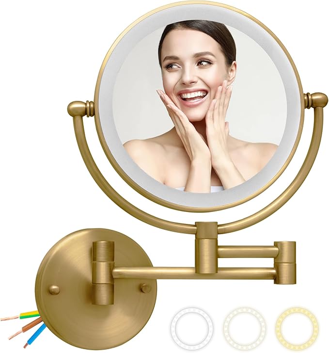Wall Mounted Makeup Mirror with Light and Magnification, 7W Higher Brightness and Dimmable 1X/10X Double Sided Wall Magnified Mirror, Extending Vanity Mirror for Bathroom, Antique Brass Direct Wire