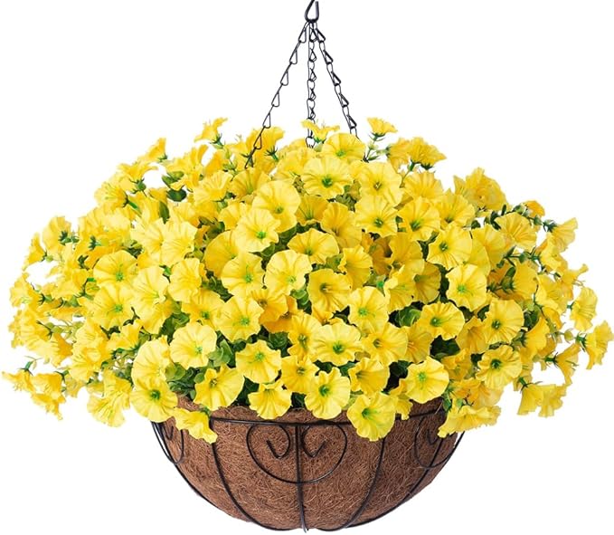 Artificial Fake Hanging Flowers Plants Baskets for Outdoor Decoration, Faux Silk Morning Glory in Planter UV Resistant Realistic for Home Outside Porch Patio Balcony Garden Yard Home Decor, Yellow