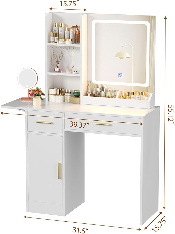 Vanity Desk with Mirror and Lights & Extral Foldable Desk, 31.5" & 39.3" Makeup Vanity Table with 5 Drawers and 3 Open Shelves, Dressing Table for Bedroom, White (White 11)