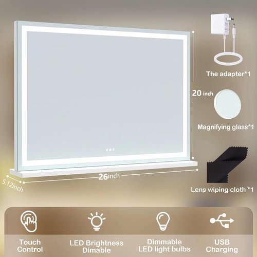 Gvnkvn Makeup Vanity Mirror with Lights 20" L x 26" W Large LED Makeup Mirror, Light up Mirror with 10X Magnification and USB Charging Port, Dimmable 3 Modes, Touch Screen Control White