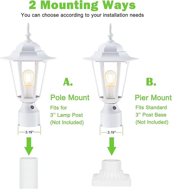 Dusk to Dawn Outdoor Post Light, Pole Lantern, Waterproof Die-Cast Aluminum Pole Light Fixture with Glass, Exterior Post Lamp for Garden Yard Patio Pathway, Matte White, 1-Pack