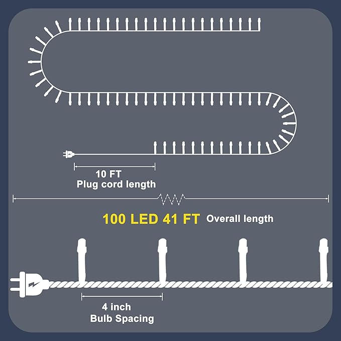 RPGT Christmas Light 100 LEDs 41ft Green Cable Wire Fairy String Twinkle Lights Plug in 12 Modes for Xmas Tree, Party, Outdoor, Garden, Wedding, Home Decoration (White)