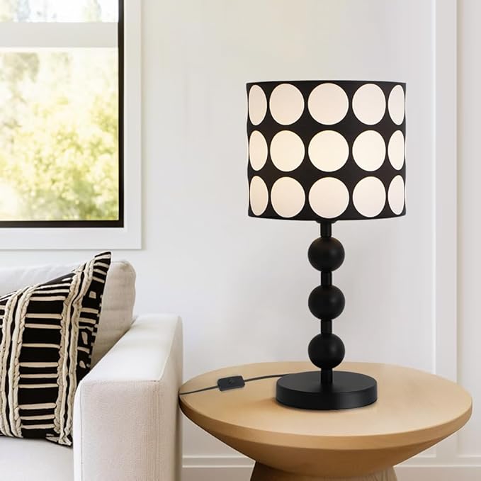 Black Bedside Table Lamp,White Dot Pattern Shade,Modern Black Tall Desk Lamp for Living Room,Bedroom,Nightstand,Office,Metal Base,Fabric Shade,Simple Side Table Lamps,E26 E27 Base,Button Switch