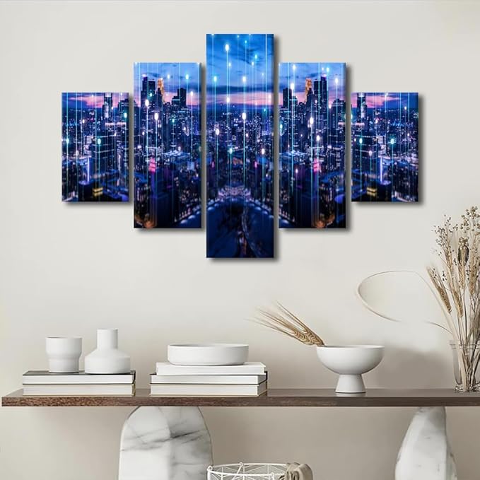 5 Panel Modern City Poster Native Americans Home Decoration Artwork Urban Skyline Picture Printing Bangkok Particle Glowing Light Poster for Office Bedroom Decor Stretched Ready to Hang 60x40 Inch