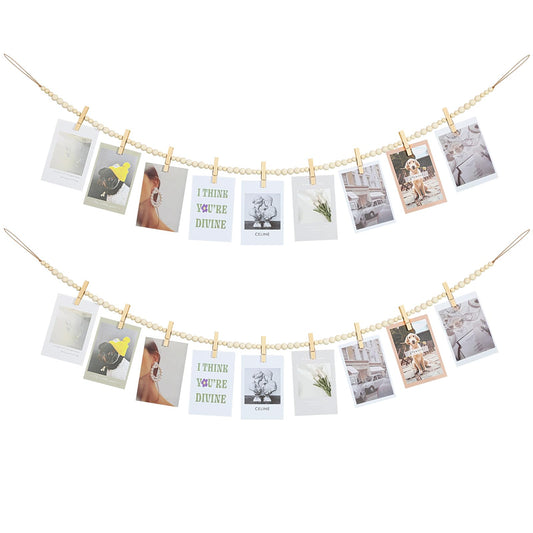 KLOGTSIND Hanging Photo Display Wall Decor, 2PCS Boho Wooden Bead Garland Collage Picture Frame with 9 Wood Clips for Bedroom, Living Room, Office, Dorm Decor, Photos Holder Teen Girl Gifts