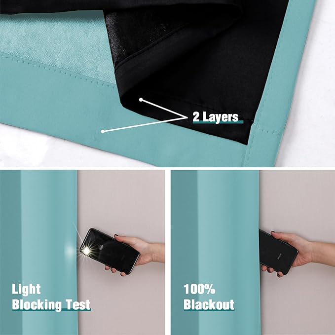 ChrisDowa 100% Blackout Curtains 63 inch Long for Bedroom with Black Liner, 2 Thick Layers Total Blackout Thermal Insulated Grommet Window Curtains 2 Panels Set (Aqua, 42 x 63 Inch)