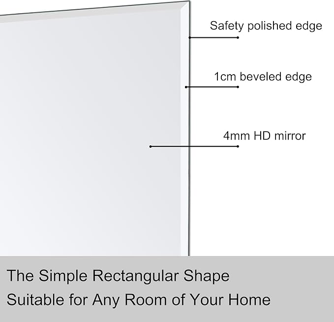 Ruomeng Rectangle Wall Mirror Frameless Bathroom Mirror 16” x 24" Beveled Edge Mirror for Vanity and Entryway