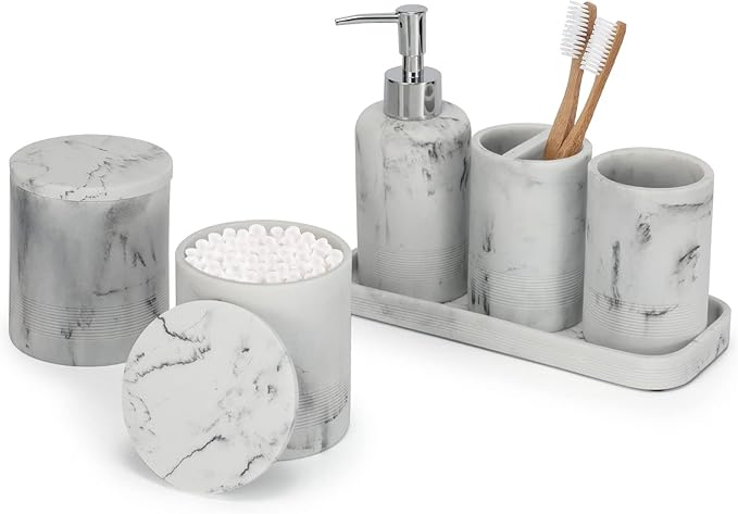 ZCCZ White Marble Bathroom Accessories Set 6 Pieces - Toothbrush Holder, Lotion Dispenser, Qtip Container, Vanity Tray, Tumbler - Countertop Organizer for Bathrooms - Elegant and Functional Décor Set