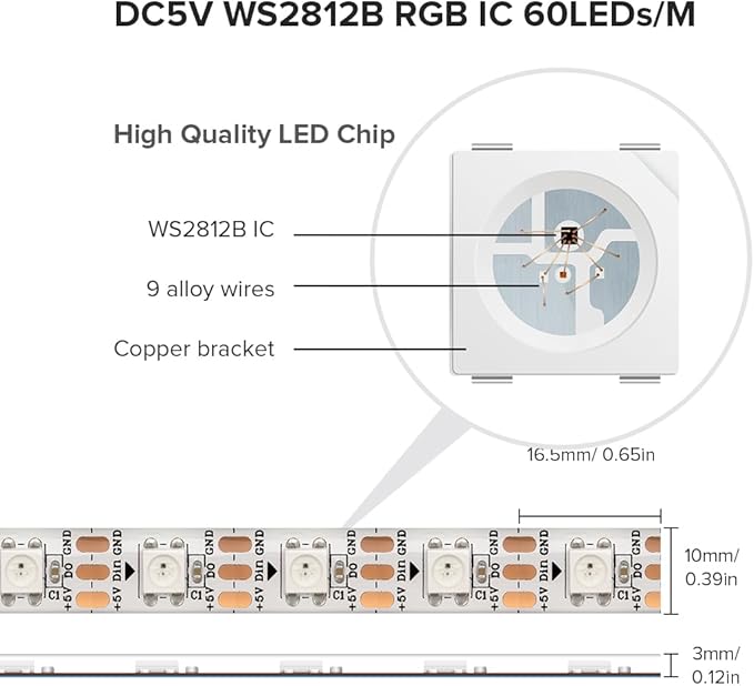 SEZO WS2812B LED Strip Light 16.4FT 60Pixel/M 300LEDs DC5V Individual Addressable LED Strip SMD5050 RGB Dream Color Programmable LED Light Strip Flexible IP65 Waterproof White PCB