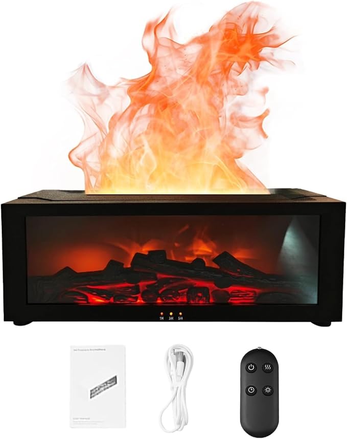 Humidifiers for Bedroom, 150ML Fireplace Essential Oil Diffuser, Aromatherapy Diffuser with Remote Control & 7-Color Mood Light, Cool Mist Air Humidifier for Bedroom, Office, Nursery, Plants- (Black)