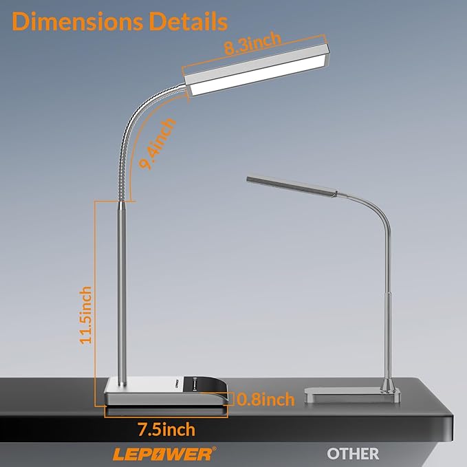 LEPOWER Desk Lamp, 800LM LED for Home Office, 12W Reading for Desk, Eye-Caring Light, Touch Table Gooseneck Lamp, 50 Lighting Modes, Bright for Bedroom, Study (Grey)