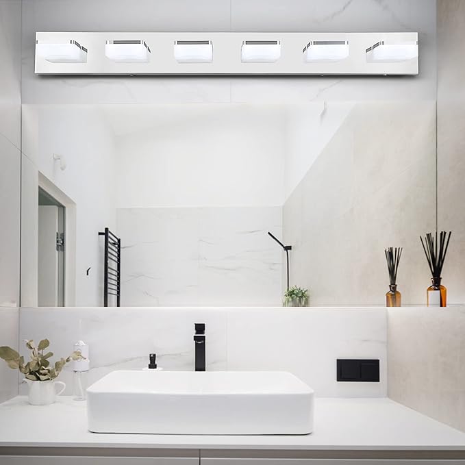3 Colors Dimmable Bathroom Light Fixtures Over Mirror, LED Chrome Vanity Lights, Acrylic Stainless Steel 6 Light Bathroom Vanity Light, Adjustable 3000K/4000K/6000K, 360° Rotate